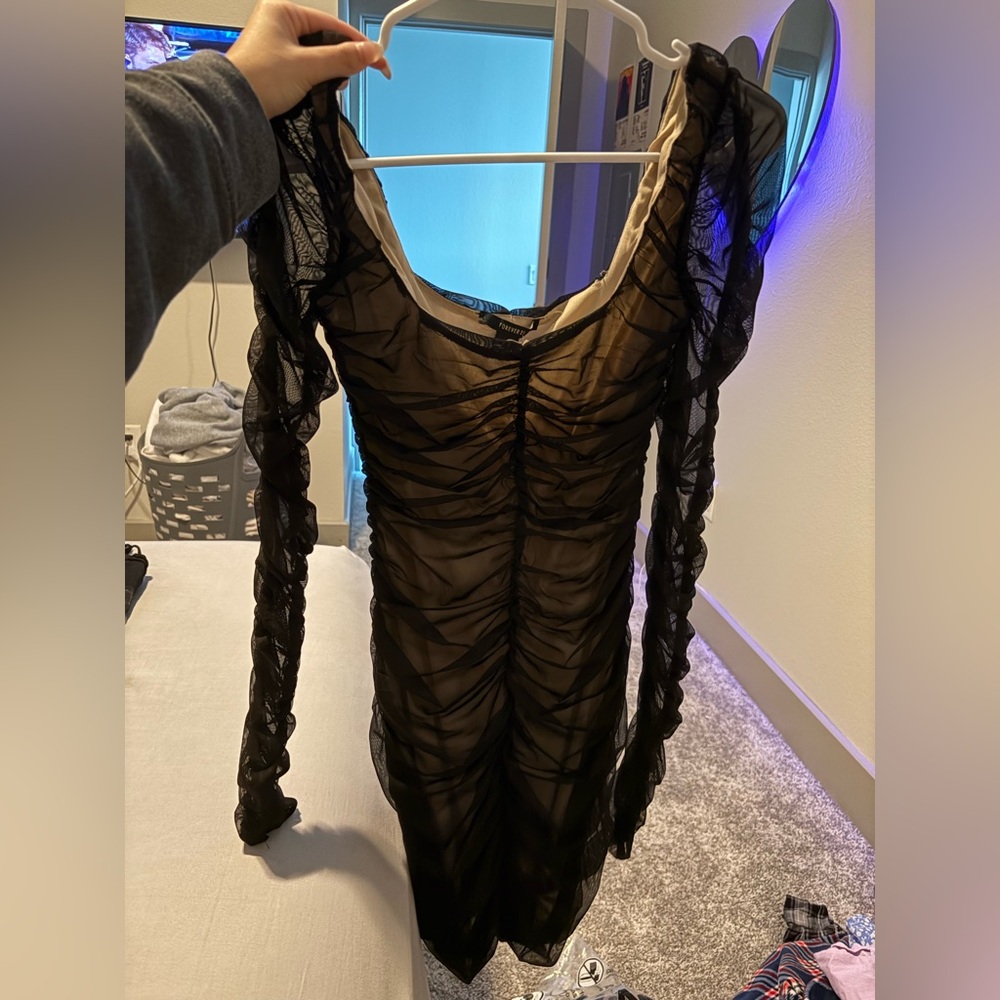 Forever 21 Black and Blue Bodycon Dress with Bishop Sleeves